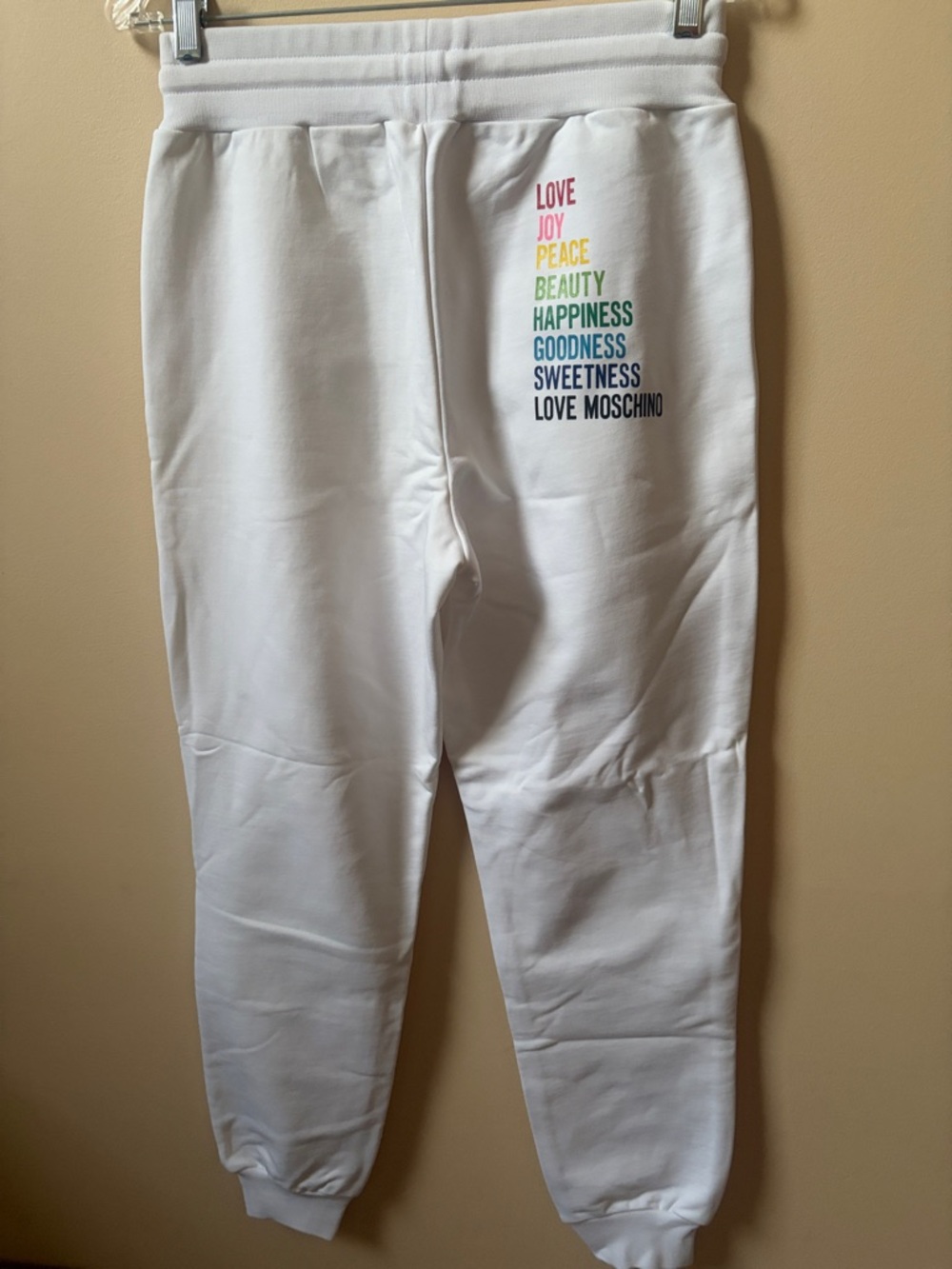 Love Moschino White Joggers with Vertical Rainbow Text